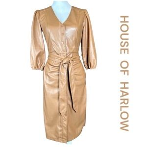 HOUSE OF HARLOW Vegan Ruched Snap Front Midi Dress in Tan, Tie Belt, Size XS.